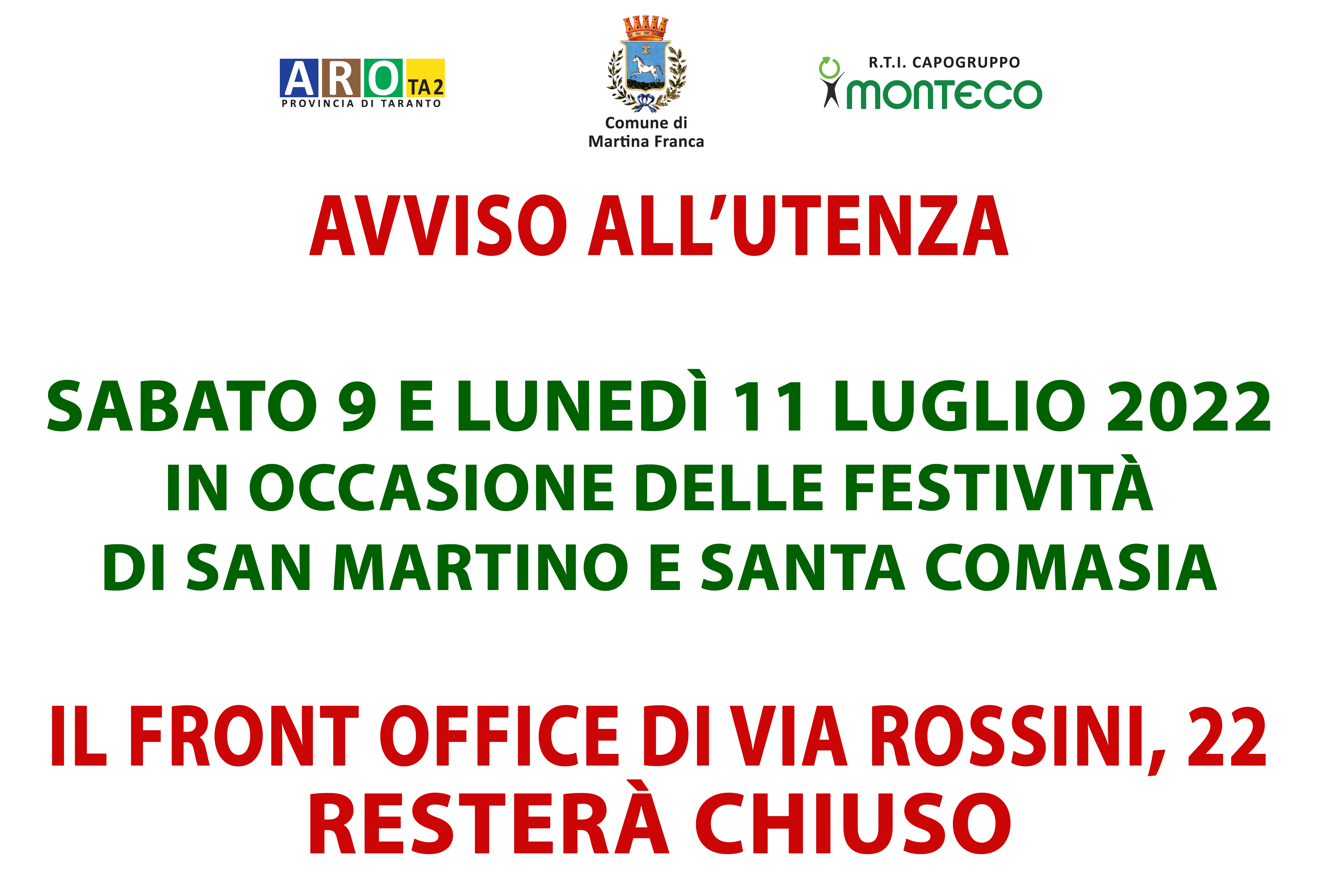 Martina Franca. Chiusura Front Office sabato 9 e lunedì 11 luglio 2022 per festività