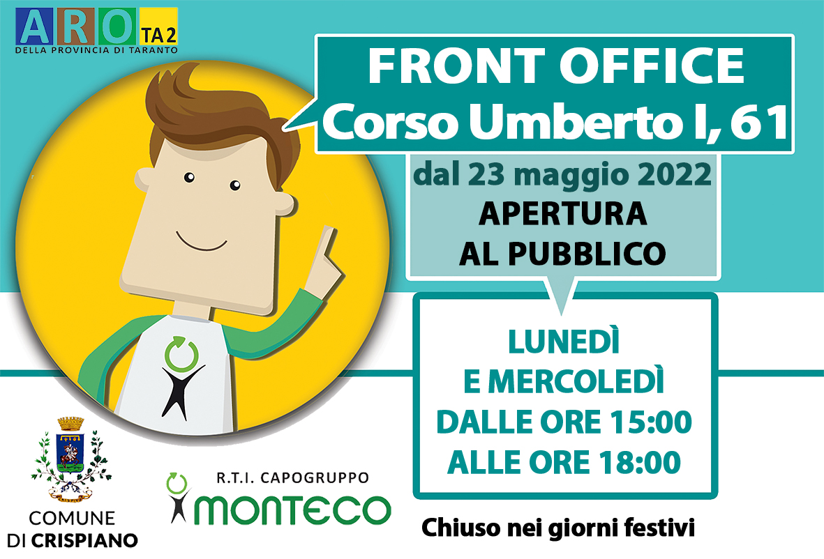Crispiano. Apertura Front Office in Corso Umberto I, 61 dal 23 maggio 2022