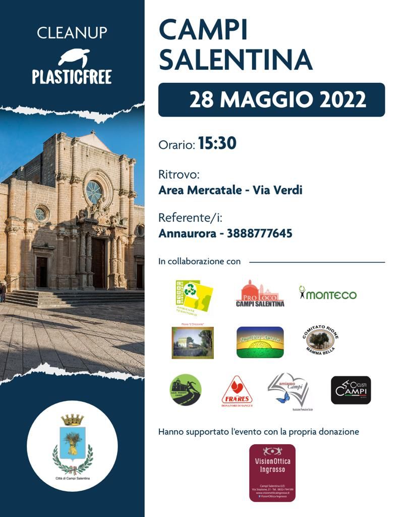 Campi Salentina. Giornata Ecologica PlasticFree 2022: ritrovo sabato 28 Maggio ore 15.30