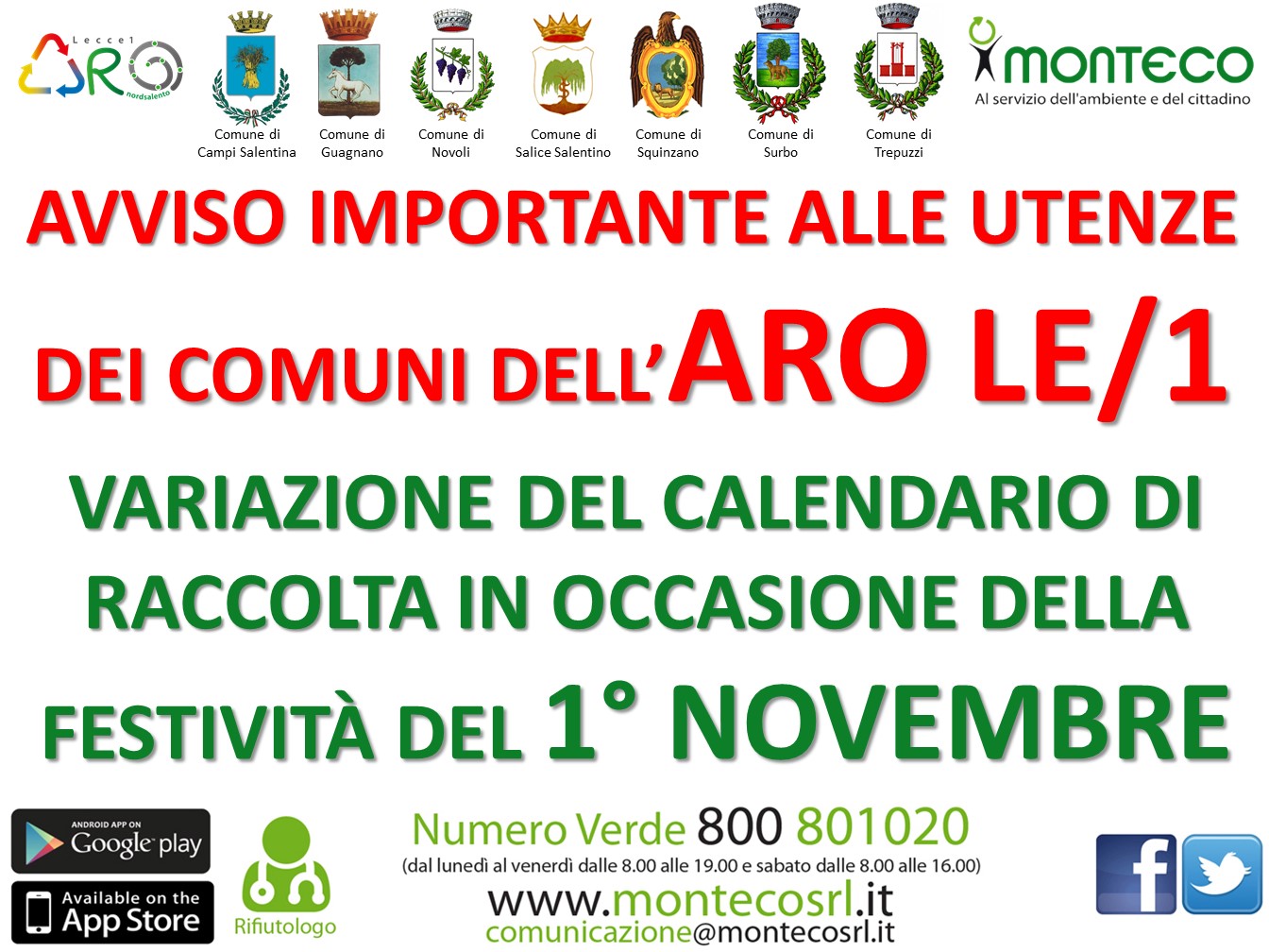 ARO LE/1: variazione calendario di raccolta il 1° novembre 